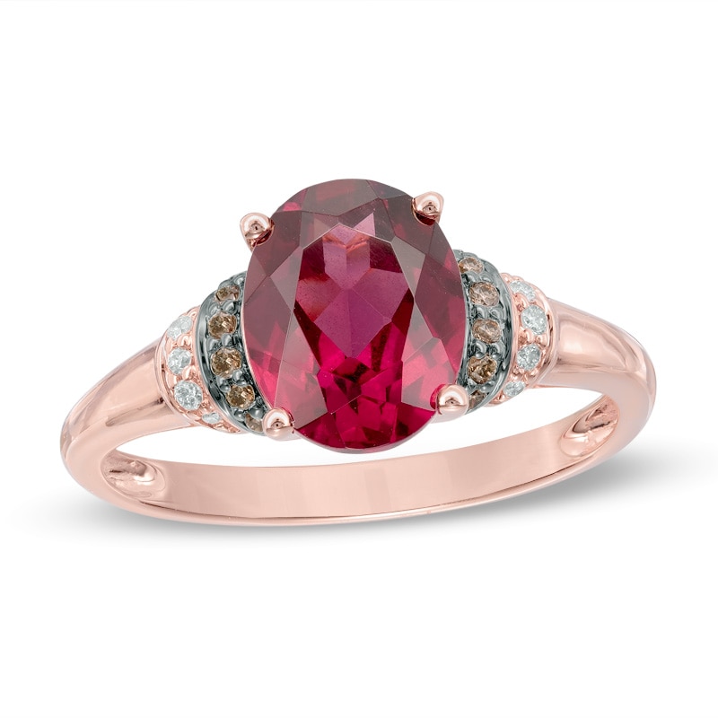 Oval Rhodolite Garnet and 1/10 CT. T.W. Champagne and White Diamond Collar Ring in 10K Rose Gold