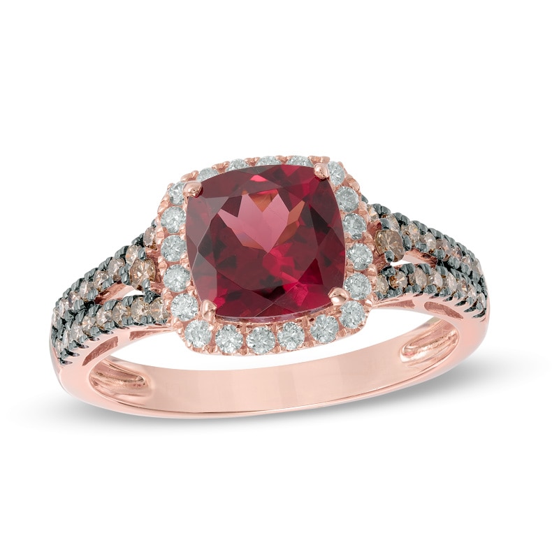 7.0mm Cushion-Cut Rhodolite Garnet and 3/8 CT. T.W. Champagne and White Diamond Frame Ring in 10K Rose Gold