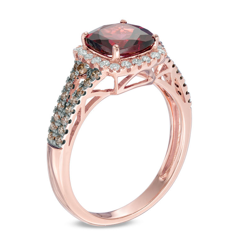 7.0mm Cushion-Cut Rhodolite Garnet and 3/8 CT. T.W. Champagne and White Diamond Frame Ring in 10K Rose Gold