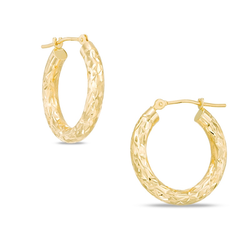 14k Yellow Gold Florentine Diamond-Cut Engraved Hoop Earrings 3x35mm 