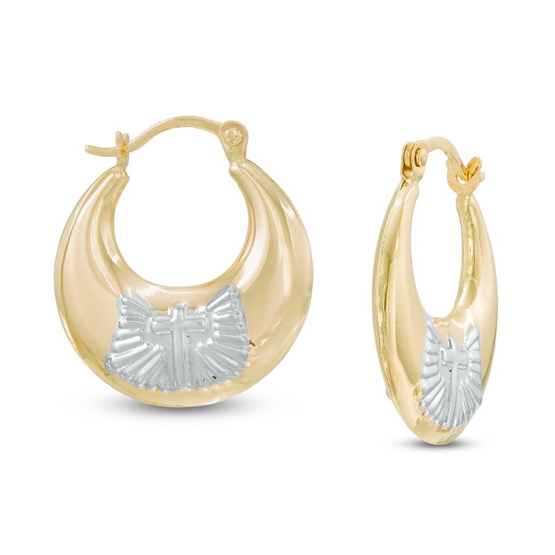 Hollow Cross Hoop Earrings in 14K Two-Tone Gold