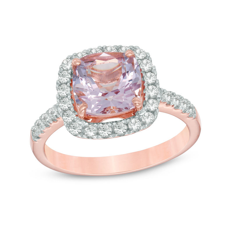 Rose de France Amethyst and Lab-Created White Sapphire Frame Ring in Sterling Silver with 14K Rose Gold Plate