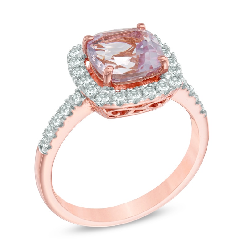 Rose de France Amethyst and Lab-Created White Sapphire Frame Ring in Sterling Silver with 14K Rose Gold Plate