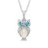 Thumbnail Image 0 of Oval Lab-Created Opal, White Sapphire and Swiss Blue Topaz Owl Pendant in Sterling Silver