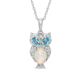Oval Lab-Created Opal, White Sapphire and Swiss Blue Topaz Owl Pendant in Sterling Silver
