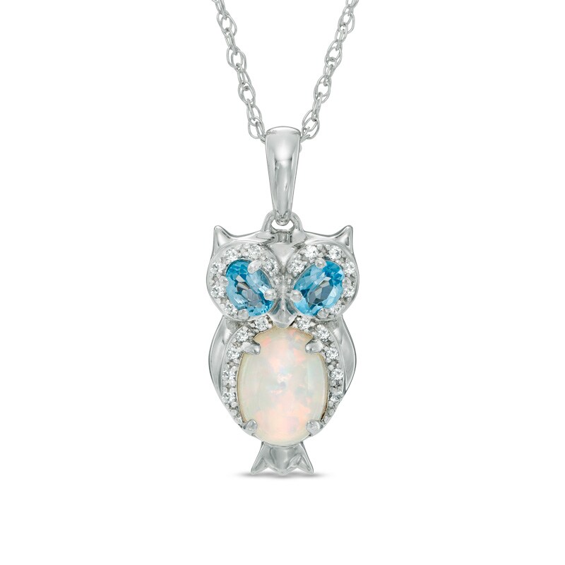 Main Image 1 of Oval Lab-Created Opal, White Sapphire and Swiss Blue Topaz Owl Pendant in Sterling Silver
