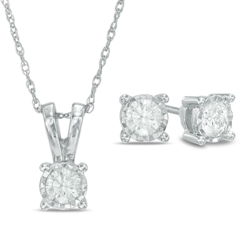 Main Image 1 of 1/4 CT. T.W. Diamond Solitaire Pendant and Earrings Set in 10K White Gold