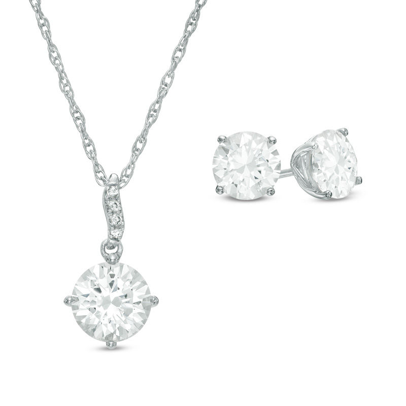 Main Image 1 of Lab-Created White Sapphire Pendant and Stud Earrings Set in Sterling Silver