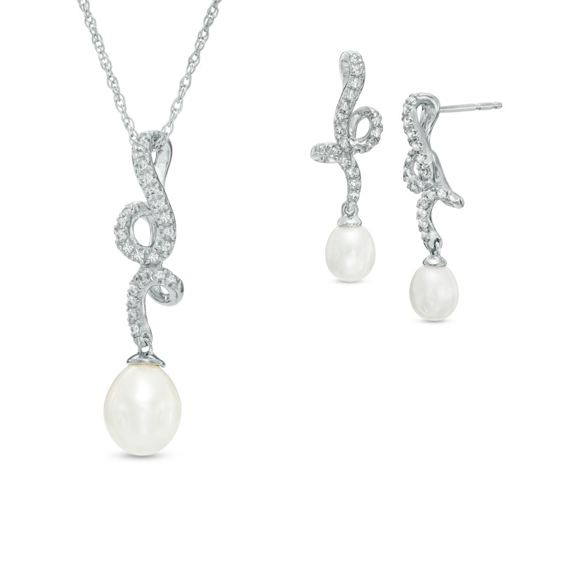 Main Image 1 of 5.0-7.5mm Oval Freshwater Cultured Pearl and Lab-Created White Sapphire Pendant and Earrings Set in Sterling Silver