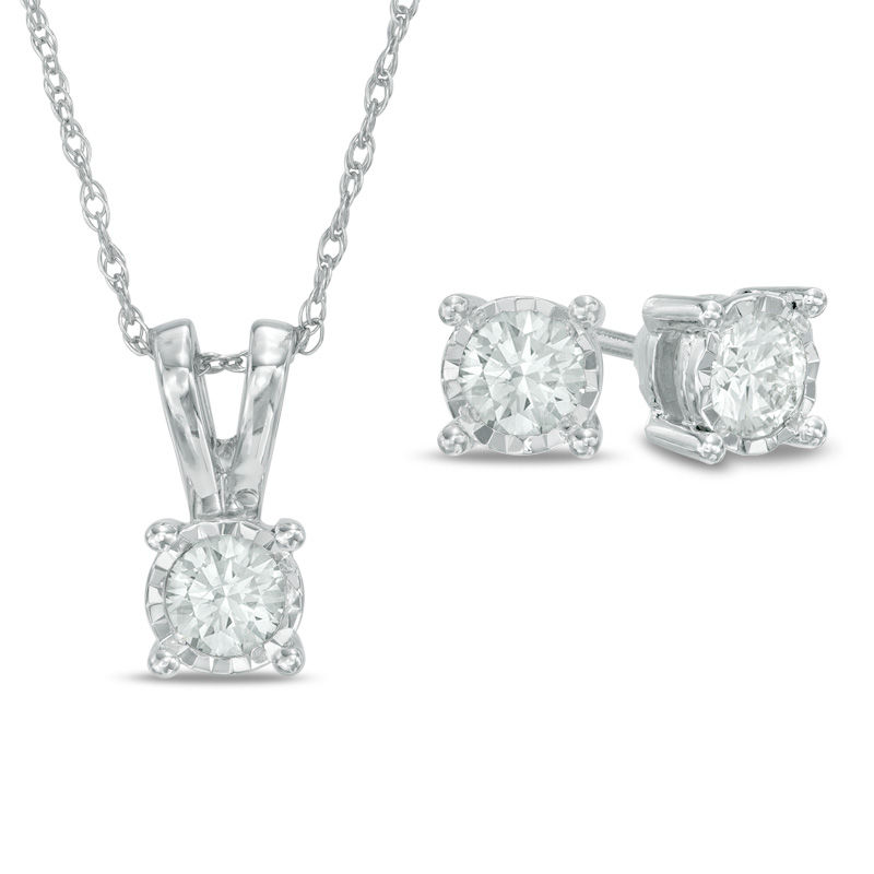 Main Image 1 of 1/2 CT. T.W. Diamond Solitaire Pendant and Earrings Set in 10K White Gold