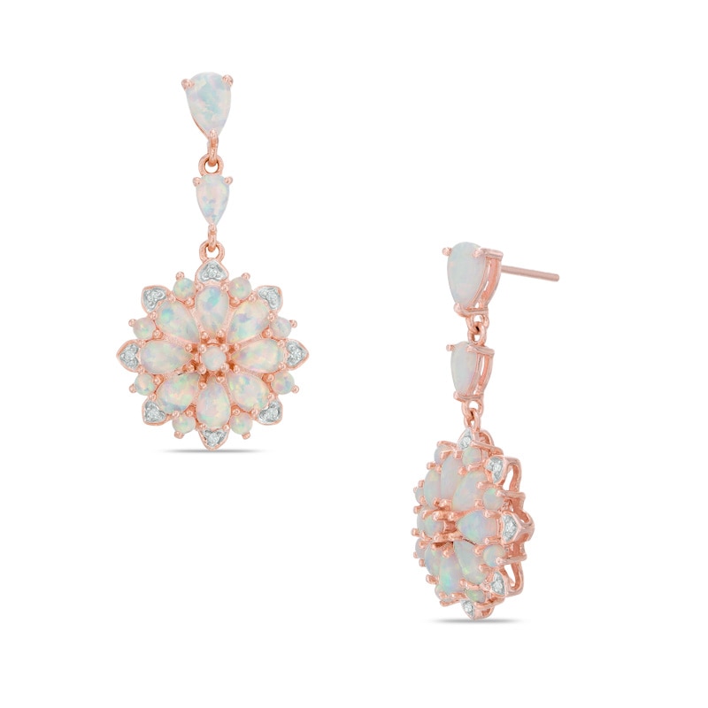 Pear-Shaped Lab-Created Opal and Diamond Accent Flower Drop Earrings in Sterling Silver with 14K Rose Gold Plate