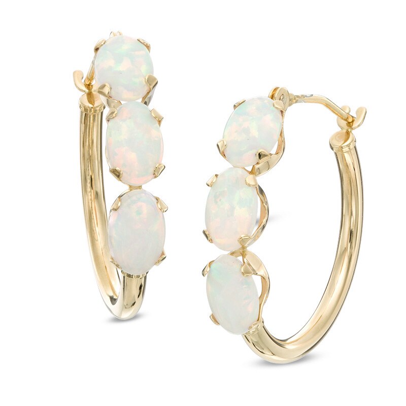 Main Image 1 of Oval Lab-Created Opal Three Stone Hoop Earrings in 10K Gold