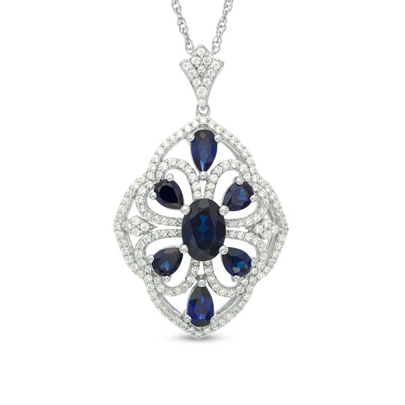 Main Image 1 of Lab-Created Blue and White Sapphire Scallop Pendant in Sterling Silver