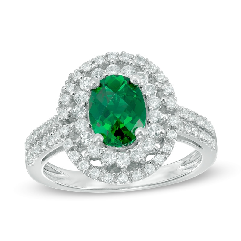 Oval Lab-Created Emerald and White Sapphire Double Frame Ring in Sterling Silver