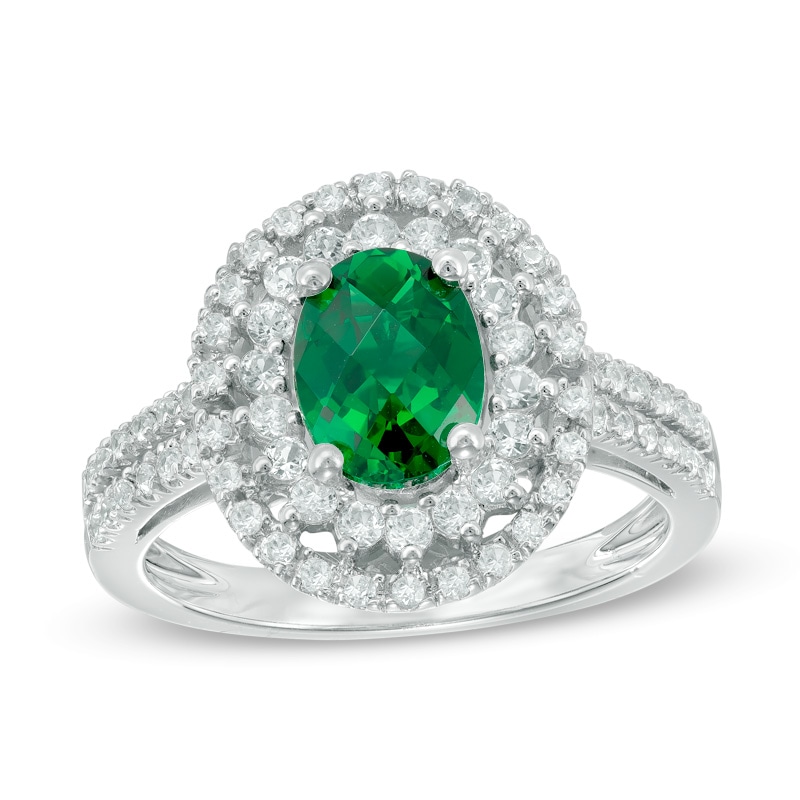 Main Image 1 of Oval Lab-Created Emerald and White Sapphire Double Frame Ring in Sterling Silver