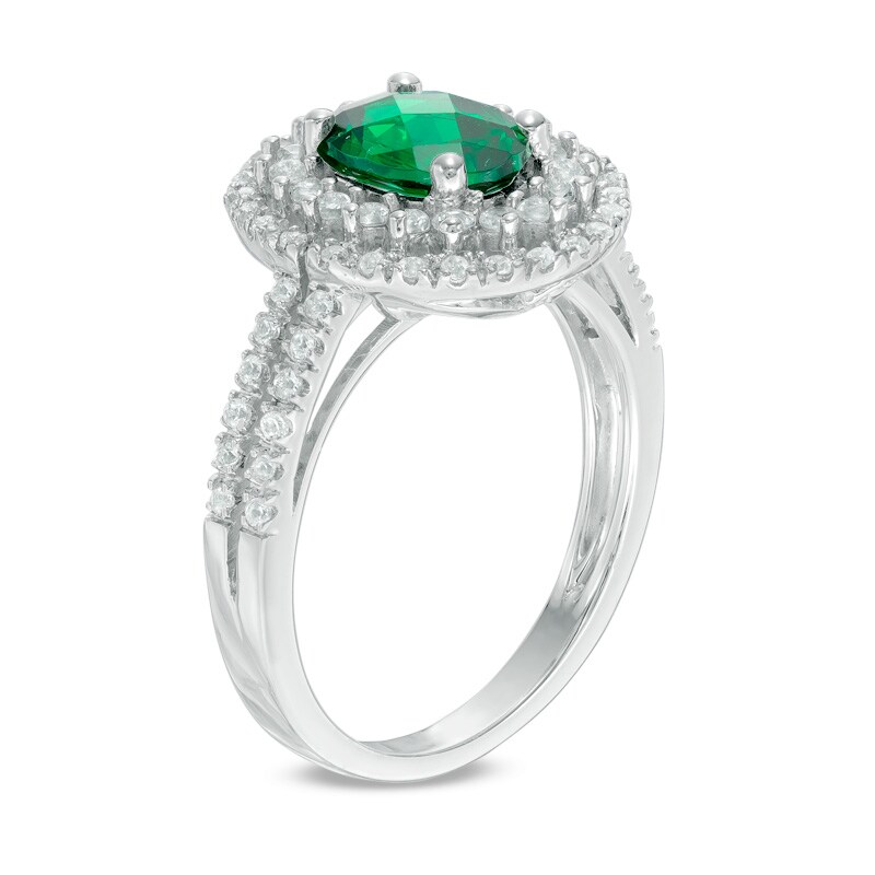 Main Image 2 of Oval Lab-Created Emerald and White Sapphire Double Frame Ring in Sterling Silver