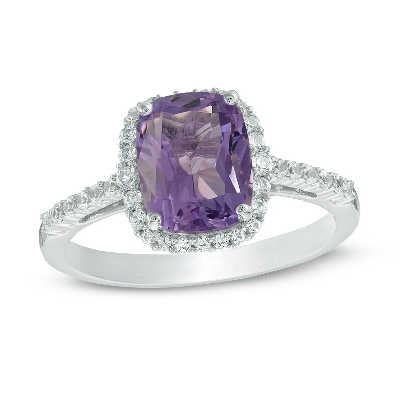 Main Image 1 of Cushion-Cut Amethyst and Lab-Created White Sapphire Frame Ring in 10K White Gold