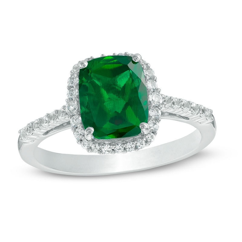 Main Image 1 of Cushion-Cut Lab-Created Emerald and White Sapphire Frame Ring in 10K White Gold