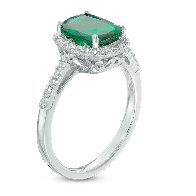 Main Image 2 of Cushion-Cut Lab-Created Emerald and White Sapphire Frame Ring in 10K White Gold