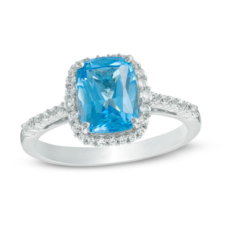 Cushion-Cut Blue Topaz and Lab-Created White Sapphire Frame Ring in 10K White Gold