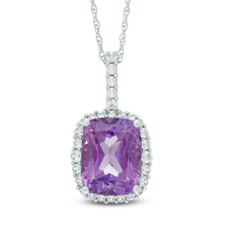 Main Image 1 of Cushion-Cut Amethyst and Lab-Created White Sapphire Frame Pendant in 10K White Gold