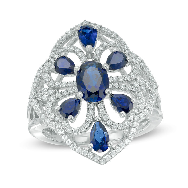 Main Image 1 of Oval Lab-Created Blue and White Sapphire Scroll Ring in Sterling Silver