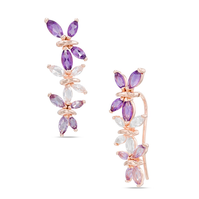 Amethyst and Lab-Created White Sapphire Butterfly Crawler Earrings in Sterling Silver with 14K Rose Gold Plate
