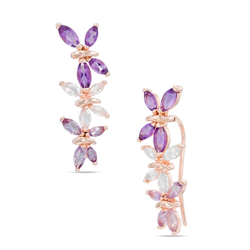 Amethyst and Lab-Created White Sapphire Butterfly Crawler Earrings in Sterling Silver with 14K Rose Gold Plate