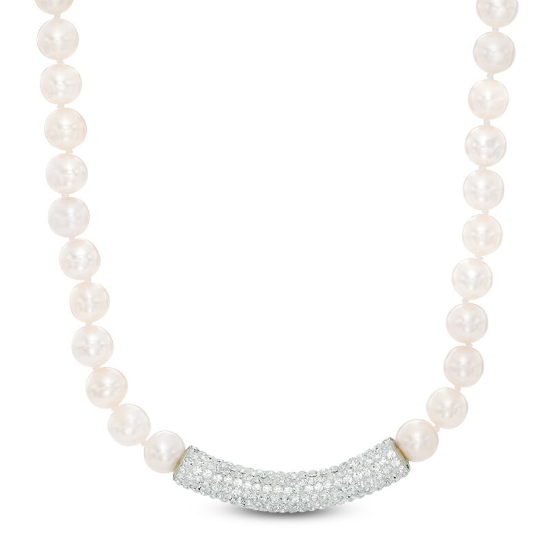 Main Image 1 of 8.0-9.0mm Freshwater Cultured Pearl and Crystal Bar Necklace in Sterling Silver