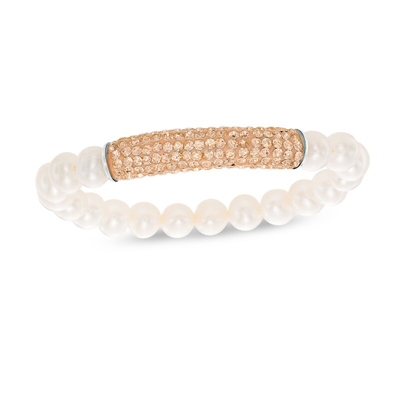 Main Image 1 of 8.0-9.0mm Freshwater Cultured Pearl and Orange Crystal Bar Stretch Bracelet-7.25"