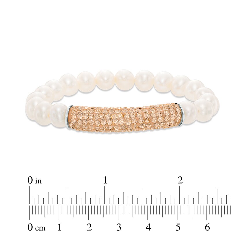 Main Image 2 of 8.0-9.0mm Freshwater Cultured Pearl and Orange Crystal Bar Stretch Bracelet-7.25"