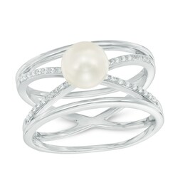 6.0 - 7.0mm Cultured Freshwater Pearl and White Topaz Orbit Ring in Sterling Silver - Size 7