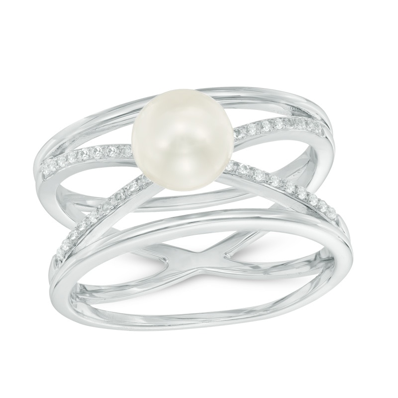 Main Image 1 of 6.0-7.0mm Freshwater Cultured Pearl and White Topaz Orbit Ring in Sterling Silver-Size 7