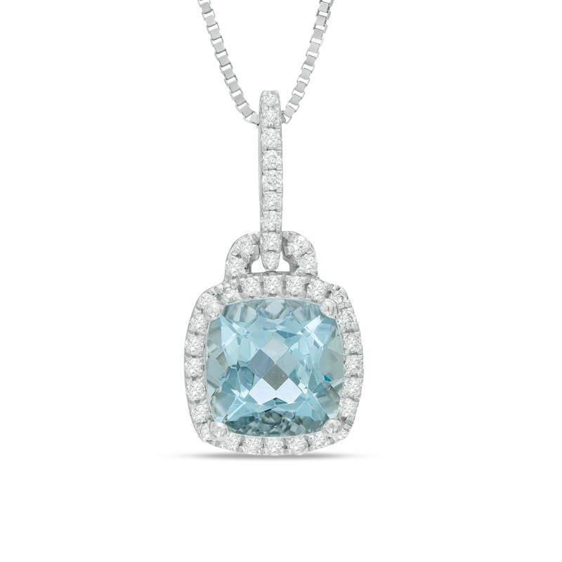 Main Image 1 of 6.0mm Cushion-Cut Aquamarine and Diamond Accent Frame Pendant in 10K White Gold
