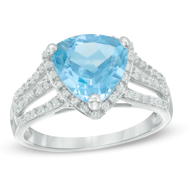 9.0mm Trillion-Cut Swiss Blue Topaz and Lab-Created White Sapphire Frame Split Shank Ring in Sterling Silver