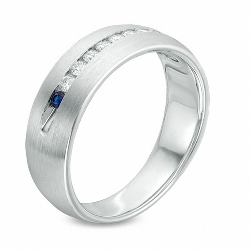 Vera Wang Love Collection Men's 1/4 CT. T.W. Diamond and Blue Sapphire Wedding Band in 14K White Gold