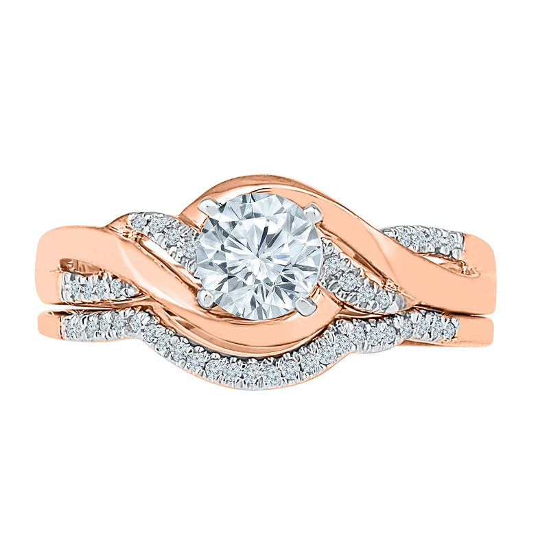 Lab-Created White Sapphire and 1/10 CT. T.W. Diamond Twist Bridal Set in 10K Rose Gold