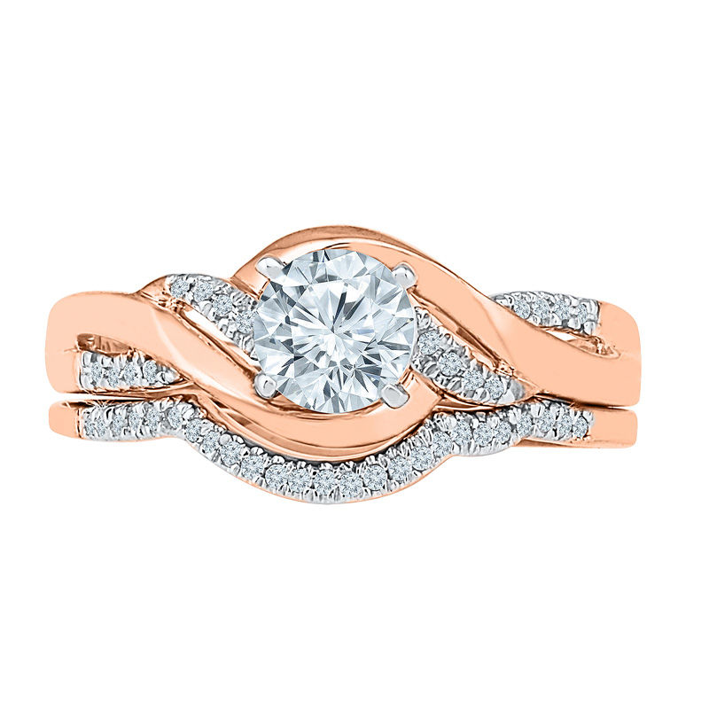Main Image 2 of Lab-Created White Sapphire and 1/10 CT. T.W. Diamond Twist Bridal Set in 10K Rose Gold