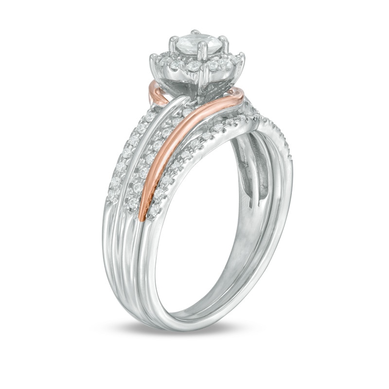 Lab-Created White Sapphire and 1/5 CT. T.W. Diamond Frame Swirl Bridal Set in Sterling Silver and 10K Rose Gold