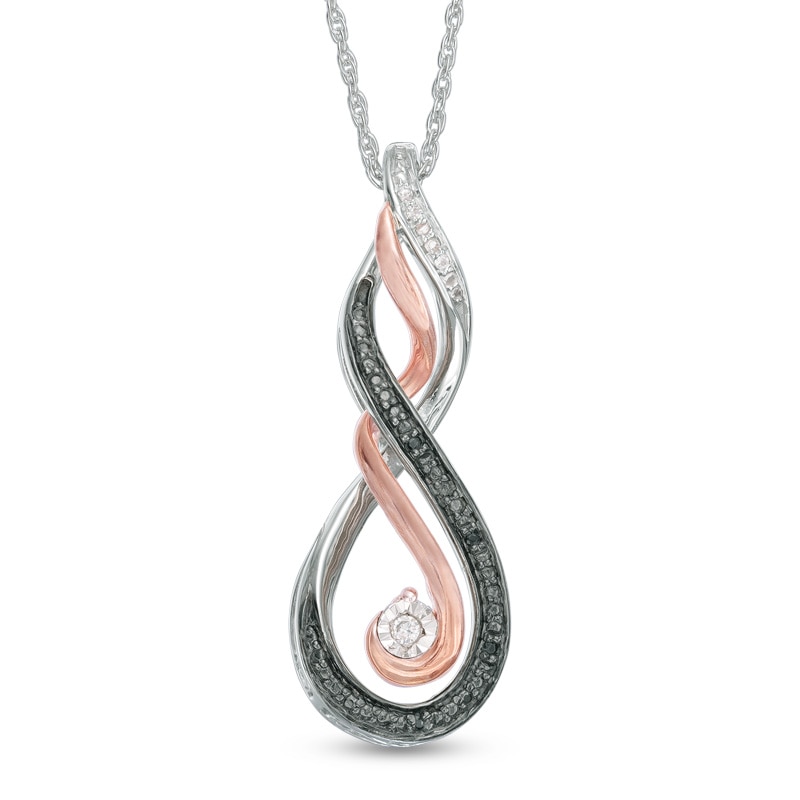Main Image 1 of Enhanced Black and White Diamond Accent "MOM" Infinity Pendant in Sterling Silver and 10K Rose Gold