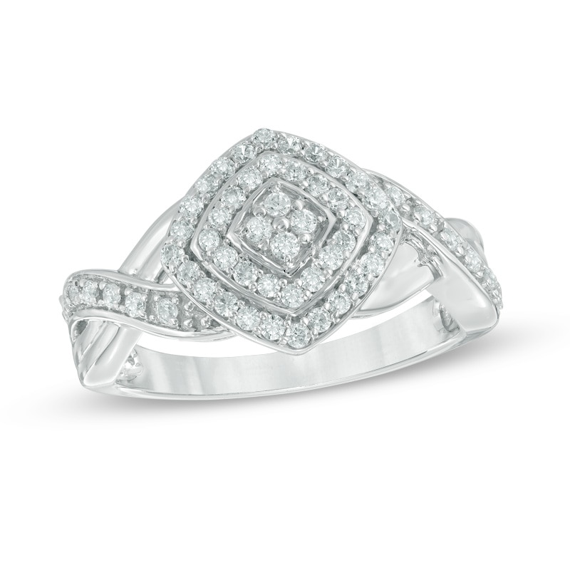 Main Image 1 of 1/5 CT. T.W. Diamond Tilted Square Double Frame Twist Shank Promise Ring in Sterling Silver