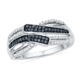 1/4 CT. T.W. Enhanced Black and White Diamond Bypass Multi-Row Split Shank Ring in Sterling Silver