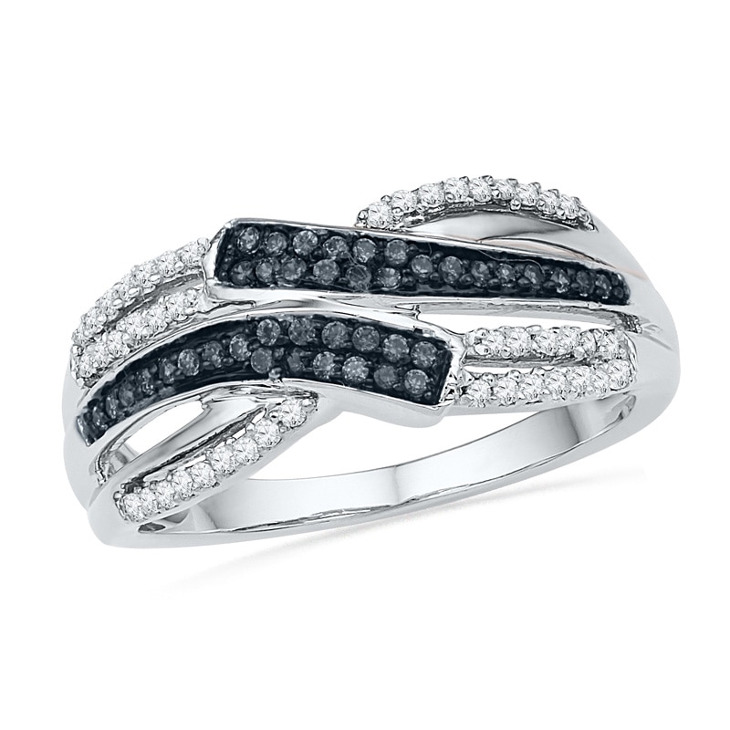 Main Image 1 of 1/4 CT. T.W. Enhanced Black and White Diamond Bypass Multi-Row Split Shank Ring in Sterling Silver