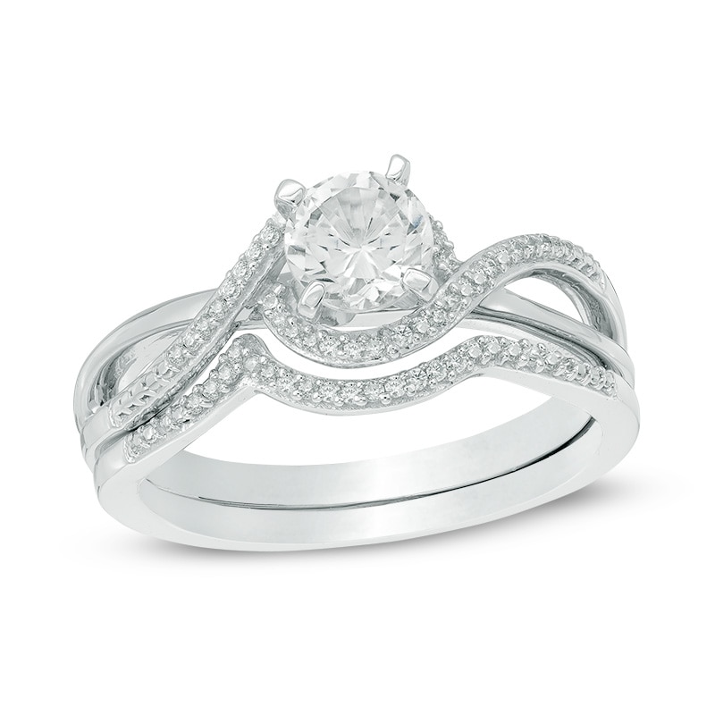 5.5mm Lab-Created White Sapphire and 1/10 CT. T.W. Diamond Swirl Frame Bridal Set in Sterling Silver