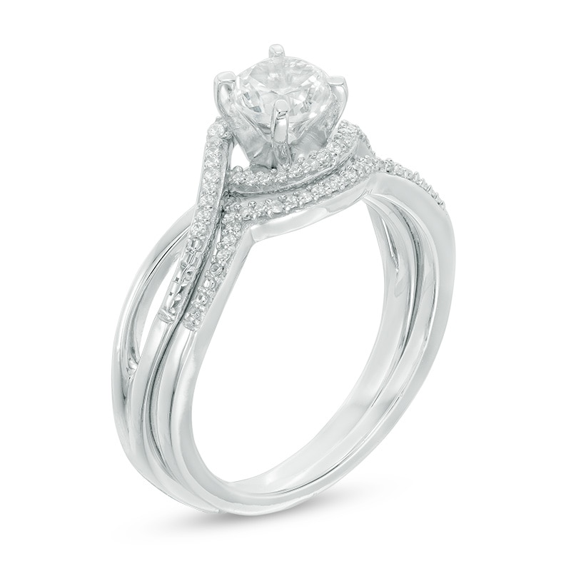 5.5mm Lab-Created White Sapphire and 1/10 CT. T.W. Diamond Swirl Frame Bridal Set in Sterling Silver