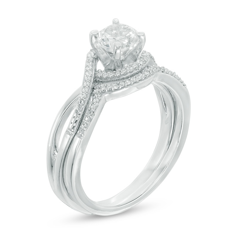 Main Image 2 of 5.5mm Lab-Created White Sapphire and 1/10 CT. T.W. Diamond Swirl Frame Bridal Set in Sterling Silver