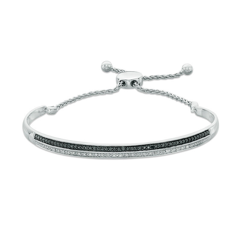 Main Image 1 of 1/10 CT. T.W. Enhanced Black and White Diamond Bar Bolo Bracelet in Sterling Silver - 9.5"