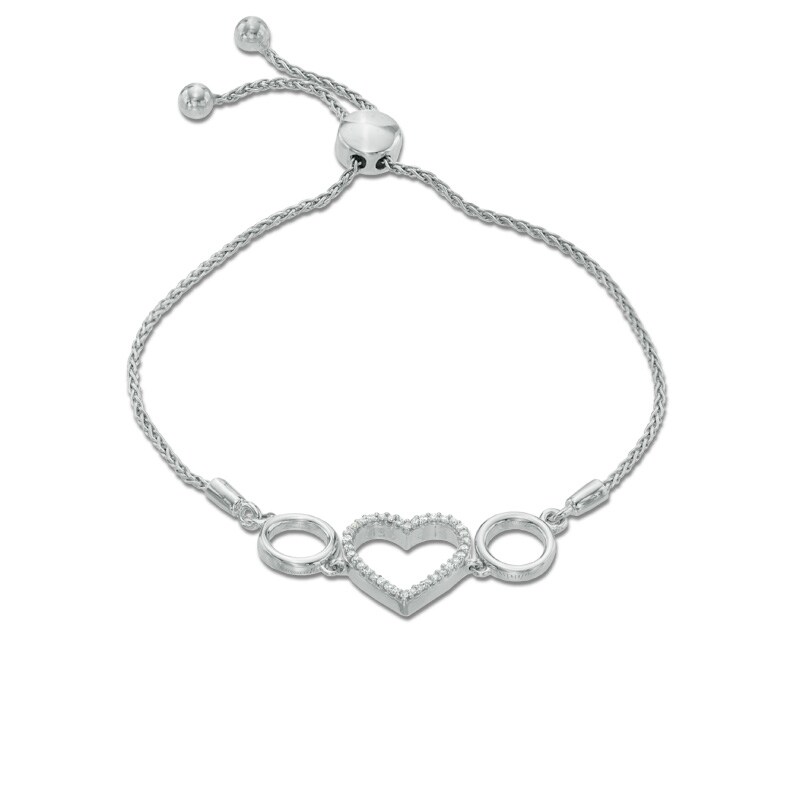 Main Image 1 of 1/10 CT. T.W. Diamond Heart Station Bolo Bracelet in Sterling Silver - 9.5"