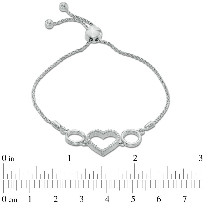 Main Image 2 of 1/10 CT. T.W. Diamond Heart Station Bolo Bracelet in Sterling Silver - 9.5"