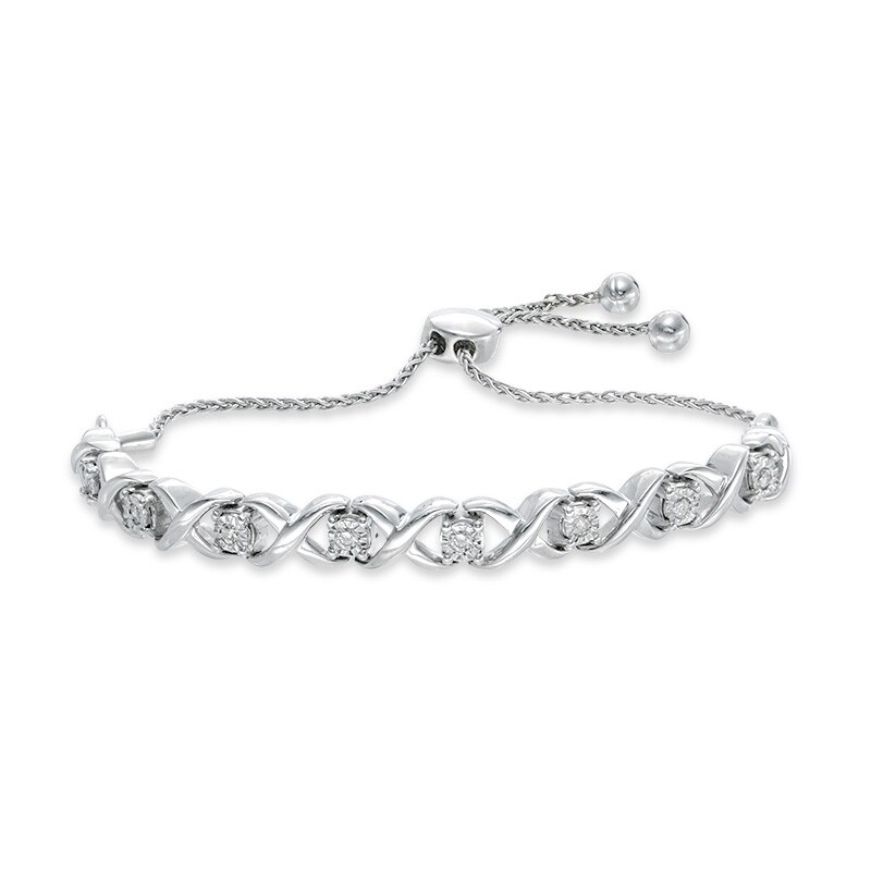 Main Image 1 of 1/4 CT. T.W. Diamond &quot;X&quot; and &quot;O&quot; Bolo Bracelet in Sterling Silver - 9.5&quot;